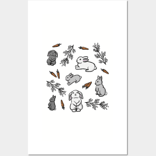 Cute Winter Bunnies Pattern with Berries and Carrots Digital Illustration Posters and Art